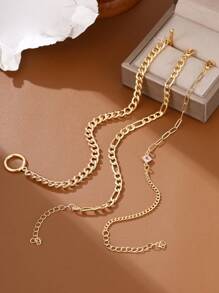 3pcs/Set Fashionable Gold Square Cubic Zirconia Pendant Layered Copper Ring Chain Bracelet Set, Luxury Minimalist Versatile Accessory Gift (Chain, Ring, Bead Quantity Random)