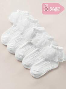 5 Pairs Girls White Ruffled Lace Trim Socks, Breathable Mesh Princess Socks For Spring/Summer, School, Dance, Birthday Gift - White - View 4