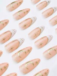 24pcs Almond Shape Acrylic Press On Nails White French Tip False Nails With Gold Edge And Star,Moon Design Nail Supplies Premium And Elegant Style Fake Nails,Parties,Daily Wear Gel Nail Kit