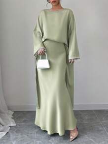 2pcs Set Elegant Beaded Splice Batwing Sleeve Crop Top & Skirt Set, Spring/Summer, Modest Abaya - Green - View 2