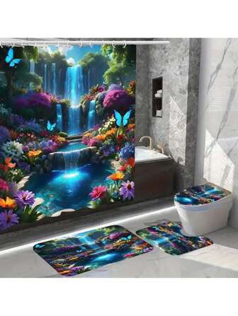 4pcs Waterfall & Butterfly Themed Polyester Bathroom Set, Includes Waterproof Shower Curtain, Non-Slip Mat, Toilet Seat Cover & Hooks - Suitable For Home Bathroom Decoration (1pc Or 4pcs Set, Machine Washable) Bathroom Accessories Back To School