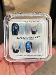 10pcs Premium Ins Style Black & Blue Aurora Elegant Crystal Butterfly Nail Stickers, Handmade Detachable Decals