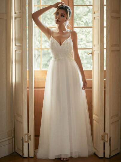 LVNES 优雅串珠 V 领细肩带网眼婚纱，适合舞会、派对、伴娘、白色毕业礼服