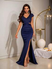 Vestido largo elegante de gala, fiesta, boda o graduación con escote en V, mangas cortas, pedrería, cintura cruzada, para mujer