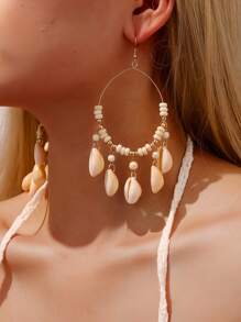 1 par de pendientes de aro colgantes con conchas y cuentas, estilo playa de verano para mujer, aretes a juego para vacaciones en la playa de estilo casual