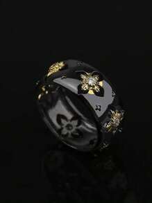 1pc Goth Cross-Shaped Zirconia Black & Golden Jewelry Ring, Elegant Party Jewelry
