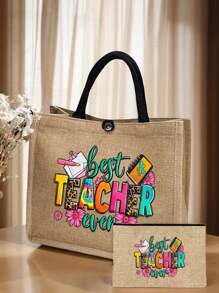 1/2 件创意教师字母印花亚麻手提包，大包带小包，卡其色和黑色购物袋，女士手提包，适合通勤、购物和日常休闲使用，适合送给家人和朋友 - 卡其色 - 查看 12