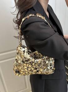 1 chiếc túi đeo tay nhỏ có khóa kéo, lấp lánh, thiết kế đính sequin nhiều màu, kiểu dáng Châu Âu & Mỹ, túi đeo vai chéo đựng điện thoại sáng tạo, cá tính, thích hợp cho tiệc tùng, dạ hội, hẹn hò dành cho nữ, đính sequin. - Vàng - Xem 4