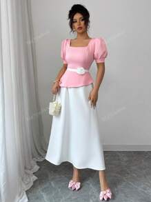Floral Decor Zipper Puff Sleeve Square Neck Woven Dress