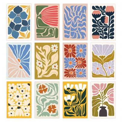 12pcs Vintage Set Of Tropic Flower Postcards, Foliage Collection With Colorful Floral Botanical Bundle Elements Home Background Wall Decorative Card With Color Dot Stickers Creative Message Photo Props