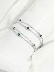 Vaerine 1pc Fashionable, Elegant, Minimalist Exquisite Shiny 925 Sterling Silver Cubic Zirconia Double Layer Multi-Color Round Stone Design Bracelet For Women, Suitable For Dates, Parties, Daily Wear, Showcases Charm, Perfect Mother's Day Gift - One Size - View 1