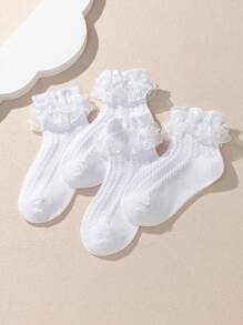 4 Pairs Children Solid Color Lace Dance Ruffle Princess Fashion Versatile Party 100% Cotton Trim Socks - White - View 2