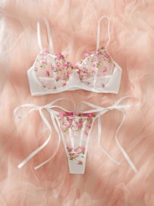 Women's Floral Embroidered Mesh Sexy Lingerie Set - White - View 2