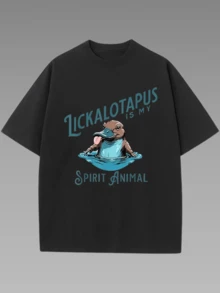 Cartoon Platypus Print With "Lickalotapus" Slogan T-Shirt (1Pcs 220g Heavy Cotton Tee)