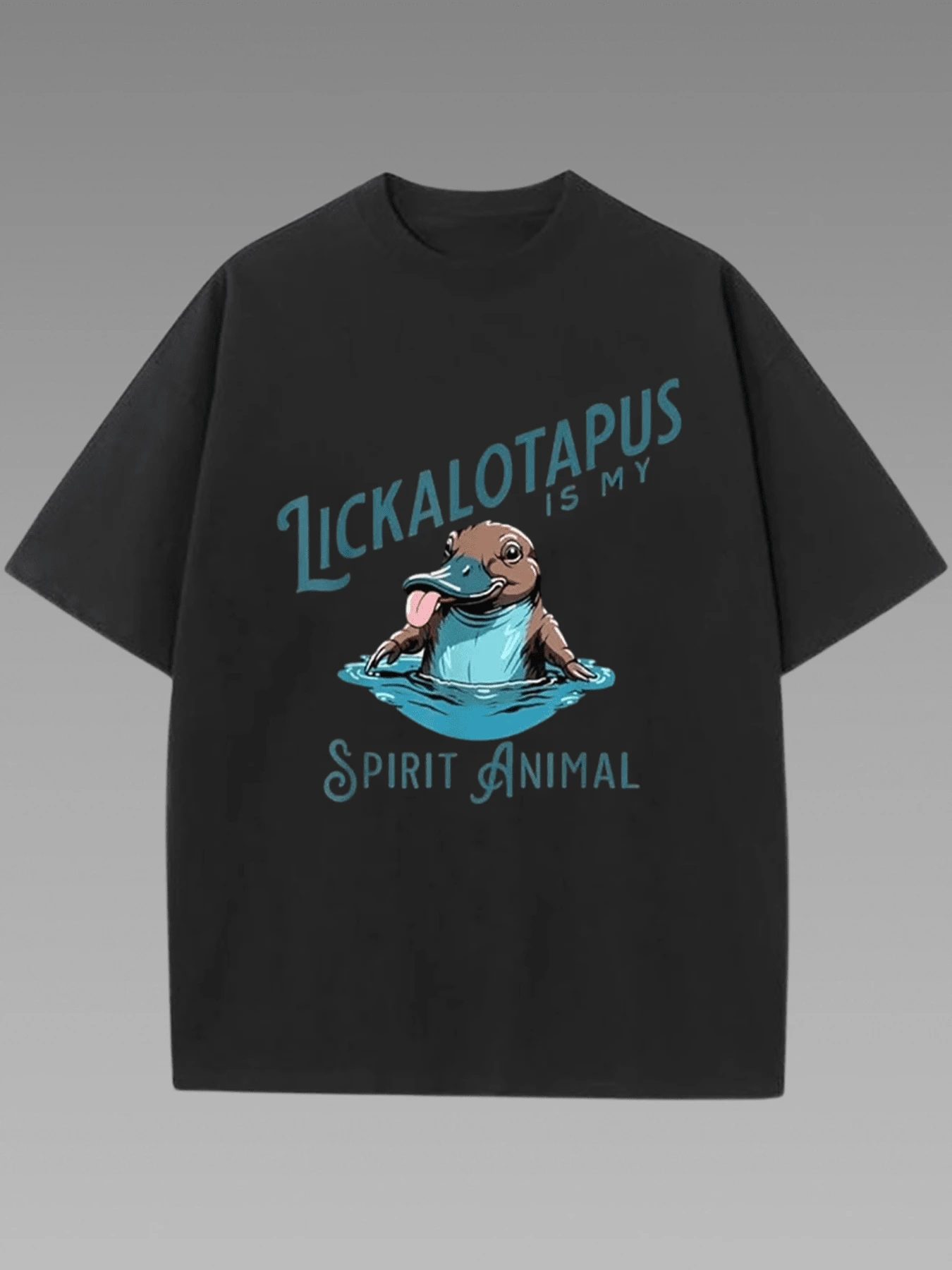 Cartoon Platypus Print With "Lickalotapus" Slogan T-Shirt (1Pcs 220g Heavy Cotton Tee)