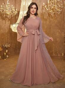 SUPGIR Asymmetrical Neck Long Sleeve Pleated Front Tie Waist Formal Evening Gown Dress - Dusty Pink - View 1