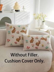 1pc Easter Beige Rabbit Embroidered Throw Pillow Cover, Spring Floral Cushion Cover, Suitable For Indoor Decor, Spring/Summer Pillowcase, Pillow Insert Not Included - Beige - View 3
