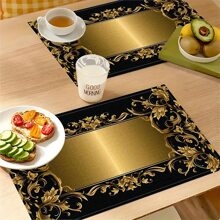 Elegant Pearl & Golden Floral Linen Placemats (1/4/6pcs Set) - Non-Slip, Heat-Resistant, Machine Washable, Perfect For Dining & Coffee Tables - Ideal For Home Decor