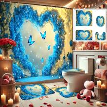 4 件花朵图案浴帘套装，婚礼季节奢华花朵浴帘，爱心，玫瑰个性化浴帘，带 12 个挂钩的涤纶面料浴帘，防滑速干浴室垫，马桶垫，浴室垫，座垫，防滑 U 型垫，婚礼装饰