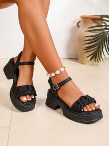 2025 New Fashion Comfortable Chunky High Heel Sandals For Plus Size Women, Suitable For All Seasons, Spring, Summer, Autumn, Winter, Elegant, Sexy, Low Price, Casual, Athletic, Outdoor, Party, Wedding Valentines - Black - View 2