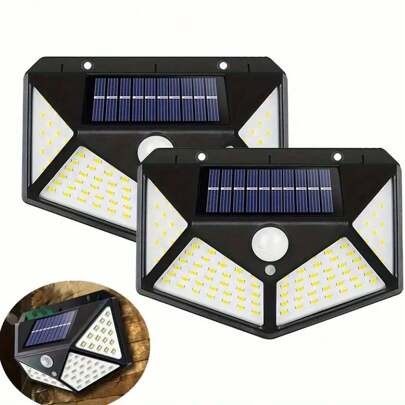 2PCS Outdoor Solar Garden Light With Motion Sensor, 100 LED, IP65 Waterproof, 1200MAH,Wall Spotlight For Entrance Door, Garden, Garage, Black