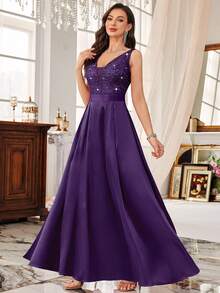 MIUSOL Váy dự tiệc sang trọng bằng vải satin cổ chữ V sâu, ren hoa, không tay, dáng chữ A, váy dự tiệc sang trọng, dự tiệc tốt nghiệp, tiệc tối - Màu tím - Xem 7