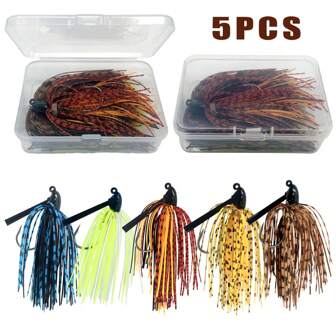 Lot d'Appâts de Pêche 5 Pièces - Chatterbait Tête de Plomb Métal avec Jupon en Caoutchouc, Leurre Flottant Artificiel, Cuillère Tournante, Accessoires de Pêche avec Boîte, Cuillère Tournante sans Accroches, Leurre Buzzbait Flottant pour Bar, Brochet, Doré