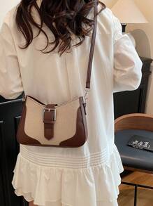 Vintage Contrast Color Block Linen Texture Large Capacity Shoulder Bag, 2025 Spring Fashion Crossbody Armpit Crescent Shaped Bag - Brown - View 9