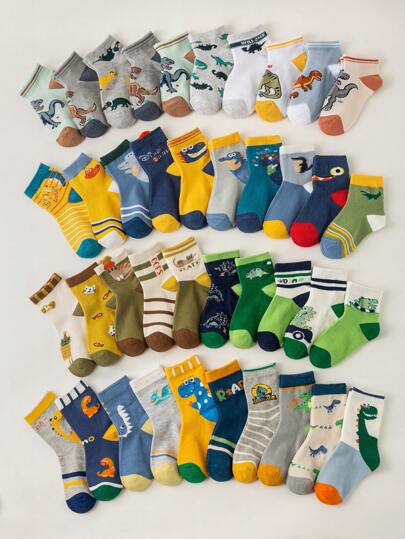 1/5/10 双可爱卡通恐龙图案柔软舒适儿童袜子，百搭亲肤柔软短袜，适合日常生活、礼物、旅行 - 颜色和款式随机