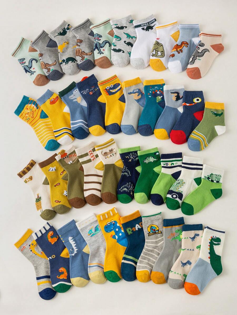 1/5/10 双可爱卡通恐龙图案柔软舒适儿童袜子，百搭亲肤柔软短袜，适合日常生活、礼物、旅行 - 颜色和款式随机 - 彩色 - 查看 1