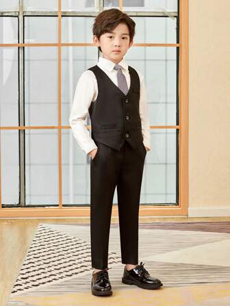 新款男童西装正式服装，适合钢琴表演、婚礼、花童装，条纹三件套：背心+裤子+领带
