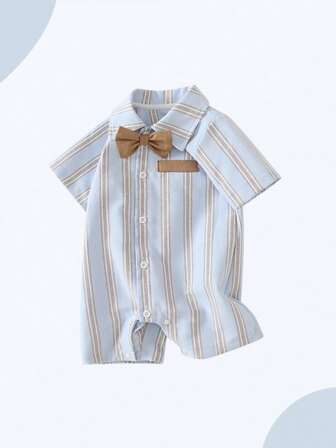 条纹绅士风男婴连体衣，夏季