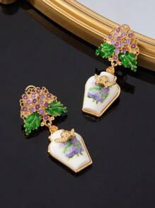 1 对女士时尚珠宝耳环，花卉装饰花瓶，时尚叶子设计，优雅、迷人，适合派对和节日佩戴 - 彩色 - 查看 3