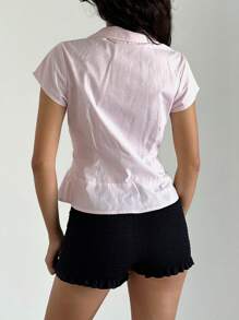 Women Y2k Fairy Grunge Button Down Shirts Short Sleeve Lapel Collar Slim Fit T Shirt Going Out Blouses Crop Tops Vinatge Aesthetic Clothes Summer E-Girls Streetwear 2000s - 粉色 - 查看 7