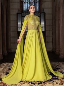 Faeriesty Abaya 华丽串珠晚礼服，雪纺披肩袖 | 适合黑色领带晚会的奢华礼服 - 黃色 - 查看 9