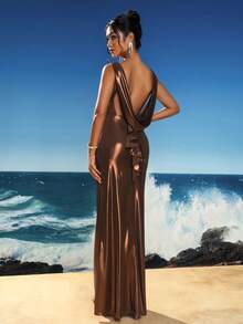 Women's Solid Color Metallic Look Crew Neck Sleeveless Bridesmaid Dress - Brown - View 2