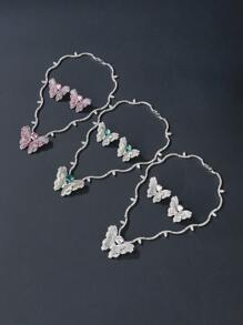 1 Bộ 4 món trang sức sang trọng phong cách đồng khảm đá Cubic Zirconia Bộ vòng cổ hoa tai trâm cài, vòng cổ hoa tai đa năng hình con bướm trang sức trâm cài - Bộ đồ sang trọng - Xem 3