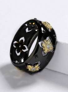 1pc Goth Cross-Shaped Zirconia Black & Golden Jewelry Ring, Elegant Party Jewelry