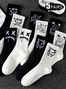 5 Pairs Mixed Men Crew Socks, Ghost Face Print, Casual Sports Basketball Socks, Black & White, Suitable For Daily Wear In Spring/Autumn, Fall