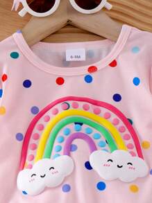 2pcs Baby Girl Cloud Rainbow Polka Dot Print Short Sleeve T-Shirt Top And Floral Embroidered Elastic Waist Denim Shorts Set - Pink - View 6