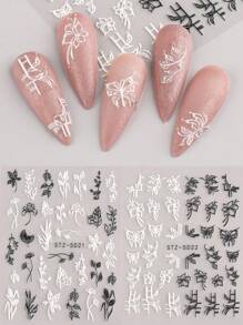 FULL BEAUTY 5D Zwart Wit Bloem Blad Nail Art Stickers 5D Geëmbosseerde Zelfklevende Acryl Decals, Kant Vlinder 3D Bloemen Bloeiende Lente Nail Art Decals DIY Zelfklevende Nail Art Decoraties Manicure