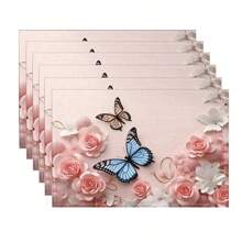 1/4/6-Piece Spring Table Placemats, Designed With Beautiful Flowers And Butterflies, Woven From 100% Polyester Fiber, Machine Washable Polyester Placemats, Heat-Resistant, Stain Resistant, Waterproof, Easy To Clean, Suitable For Desktop Decoration, Holiday Party Decoration, Desktop Protection, Can Be Used As Gifts, Household Items, Kitchen Supplies, And Spring Interior Decoration.