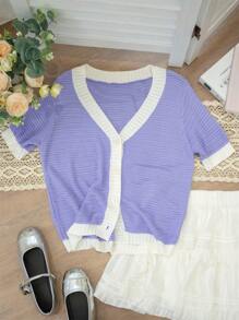 Contrast Color V-Neck Elegant Knit Short Sleeve Cardigan, Buttons Design Casual Tops For Women, Knitted Texture Loose Fit, Suitable For Going Out, Home, Date, Vacation