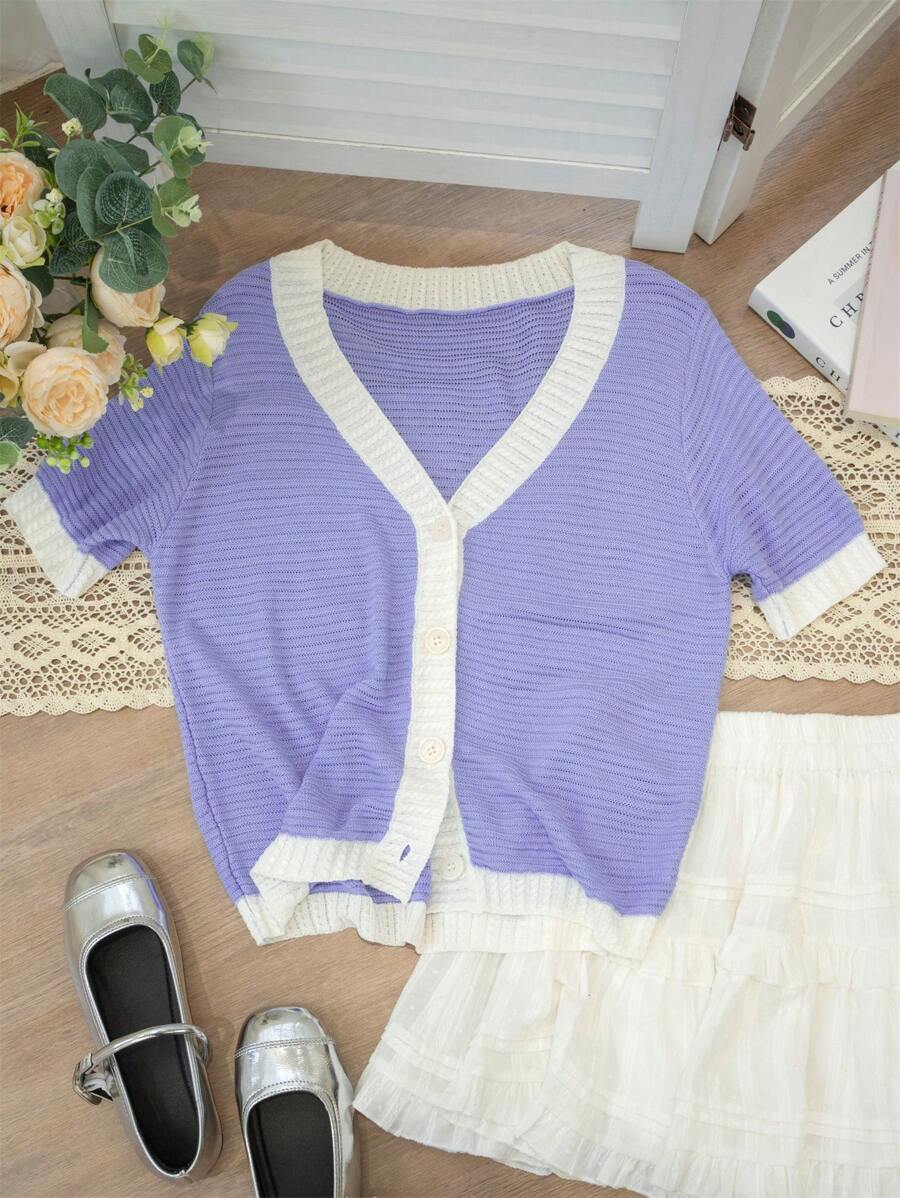 Contrast Color V-Neck Elegant Knit Short Sleeve Cardigan, Buttons Design Casual Tops For Women, Knitted Texture Loose Fit, Suitable For Going Out, Home, Date, Vacation