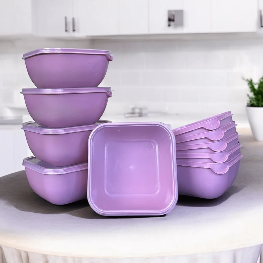 Kit With 10 Square Pots 500 ML Tapoer Container With Lid Freezer Organized Kitchen Pink BB