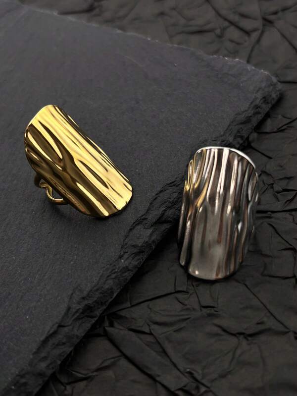 1pc 18k Gold Plated Stainless Steel Textured Wide Band Open Ring, Fashionable Minimalist Simple Design, Suitable As Gift For Teacher's Day, Women Fashion Jewelry