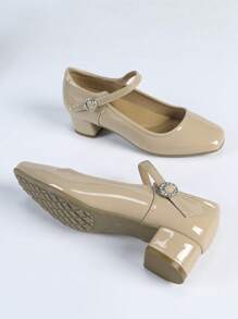 Women Square Toe Slip-On Casual Comfortable Rhinestone Buckle Chunky Heel Soft Bottom Work Shoes