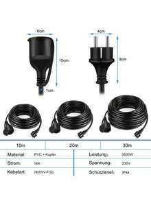 Suusolny 10m Schwarz Verlängerungskabel Stromverlängerungskabel Euro-Stecker Verlängerung 220-230 V, 16 A mit Schutzkappe Outdoor Baustellenkabel - EU C-Typ Stecker (220-240V) - Übersicht 2