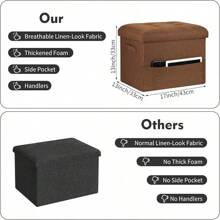 Storage Ottoman Cube, Folding Foot Rest With Thicker Foam Padded Seat. 350 Lbs Small Linen Ottoman With Storage Bench Footstool For Living Room, Bedroom, Coffee Table. 17x13x13in, Brown - Brown - View 2