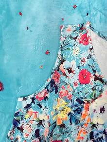 女士大码时尚高品质印花V领无袖连衣裙，夏季度假优雅之选 - 天藍色 - 查看 3